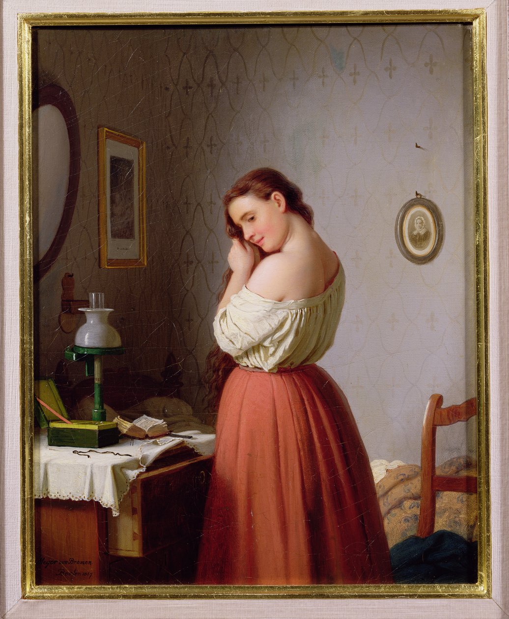 Ung kvinne som fletter håret av Johann Georg Meyer von Bremen
