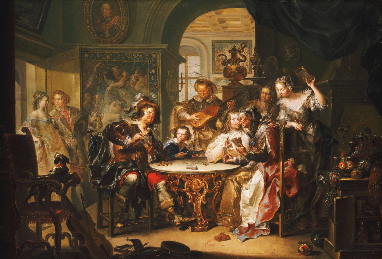 En gentleman utro mot Cards med en eldre dame i et overdådig interiør, av Johann Georg Platzer