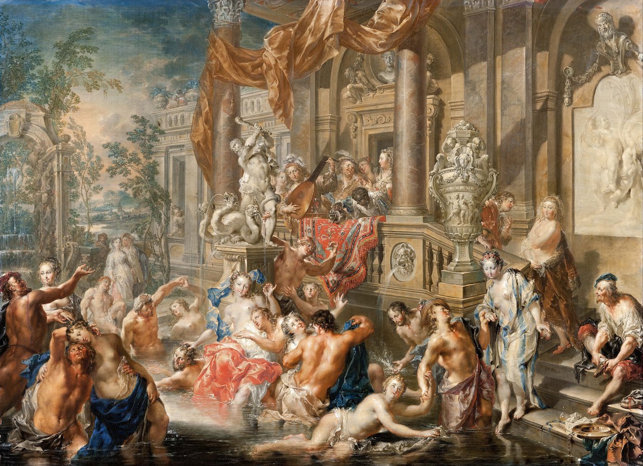 Fontenescene foran et palass, 1731-1734. av Johann Georg Platzer