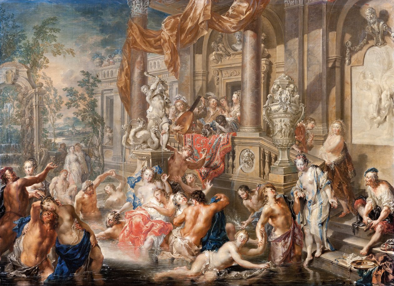 Fontenescene foran et palass, ca. 1730 (olje på kobber) av Johann Georg Platzer