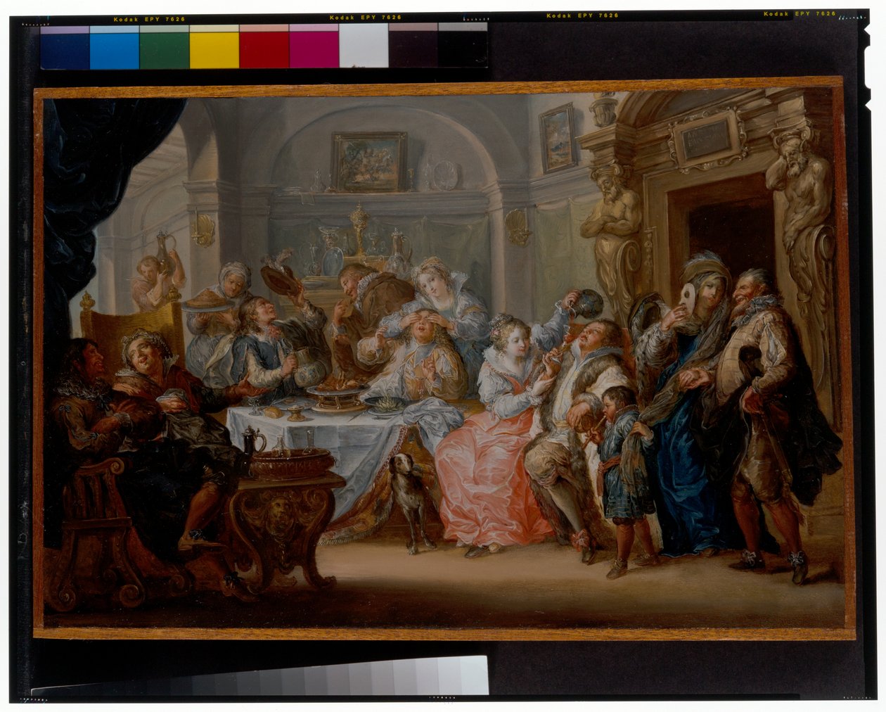 Interiør med elegante figurer i maskeradedrakt fest av Johann Georg Platzer