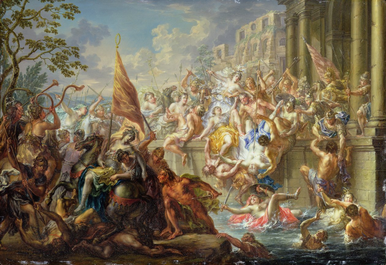 The Battle of the Amazons, ca. 1730 (olje på kobber) av Johann Georg Platzer