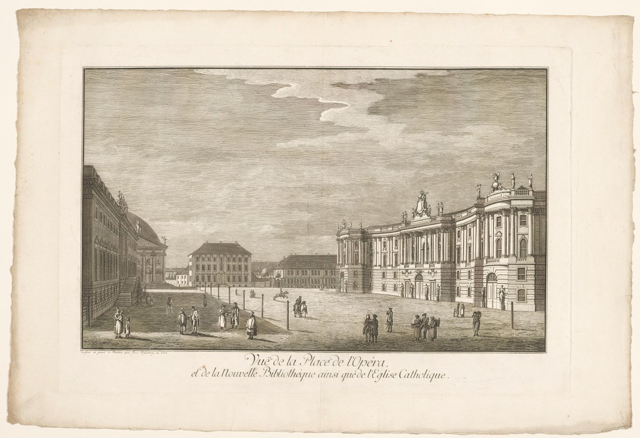 Utsikt over Bebelplatz i Berlin med Alte Bibliothek og det gamle palasset og Sint-Hedwigskathedraal Utsikt over Place de l