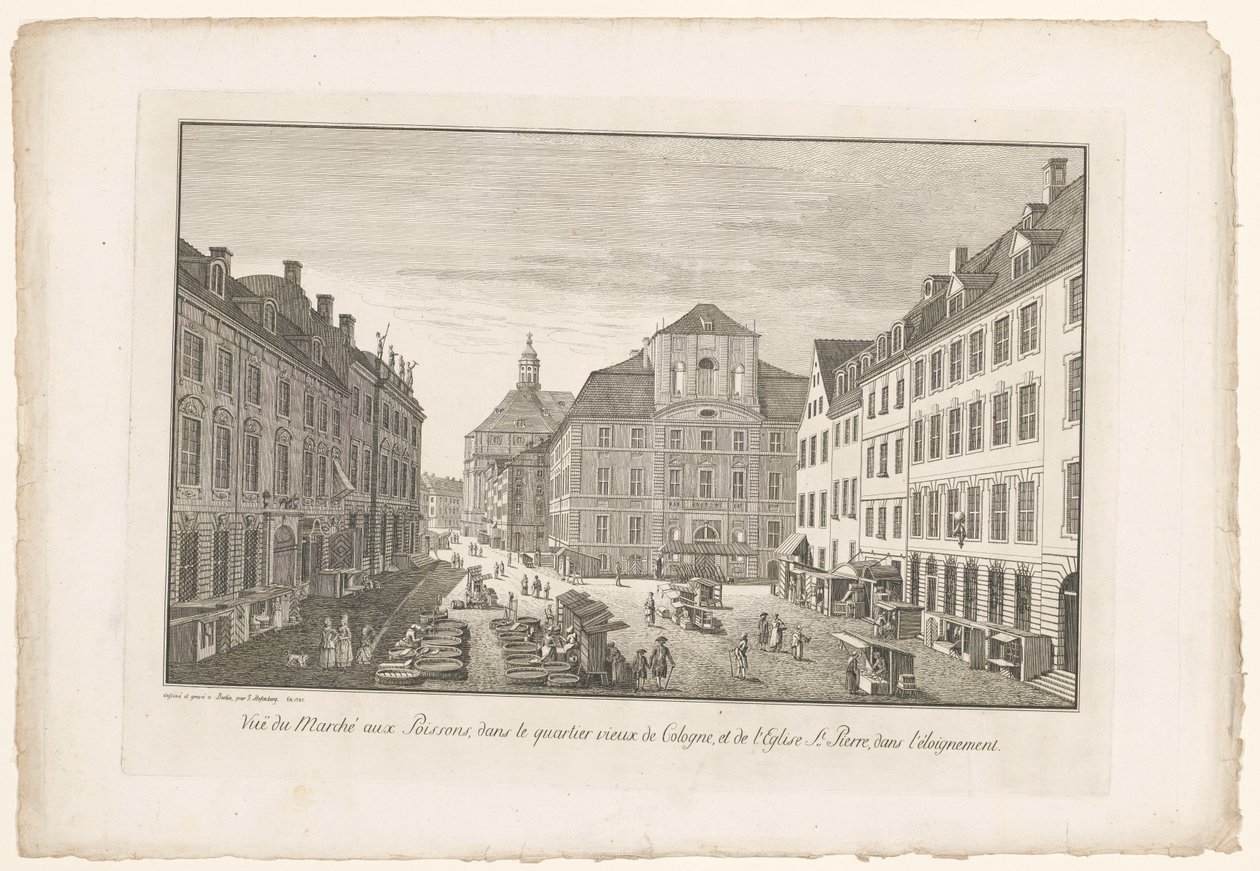 Utsikt over et fiskemarked i Köln med Sint-Petruskerk Utsikt over Marché aux Poissons, dans le quarter vieux de Cologne, et de l'Eglise St. Pierre, dans l'eloignement (tittel på objekt) av Johann Georg Rosenberg