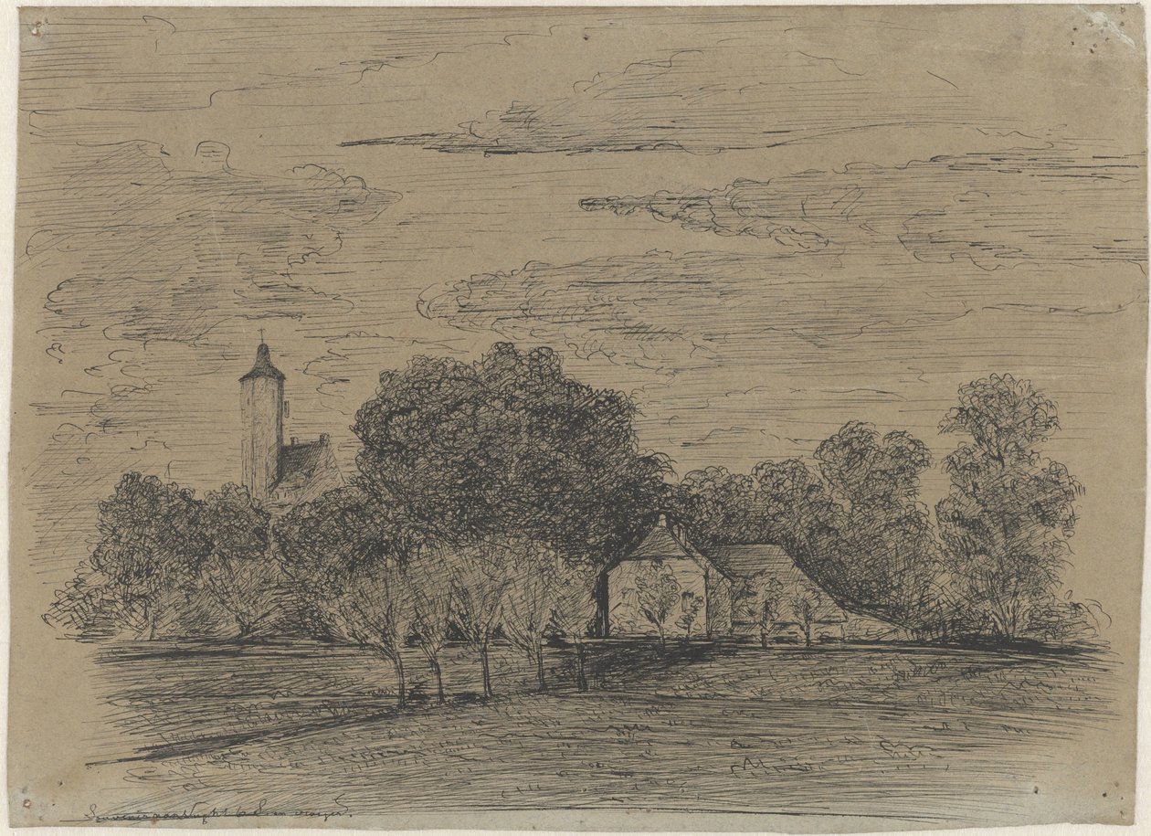 Landskap med gård og tårn av Johann Georg Schwartze (possibly)