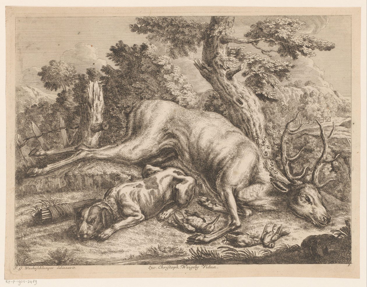 Jakthund og bytte med hjort og fugler Jaktstøvler (serietittel) av Johann Georg Wachsschlunger