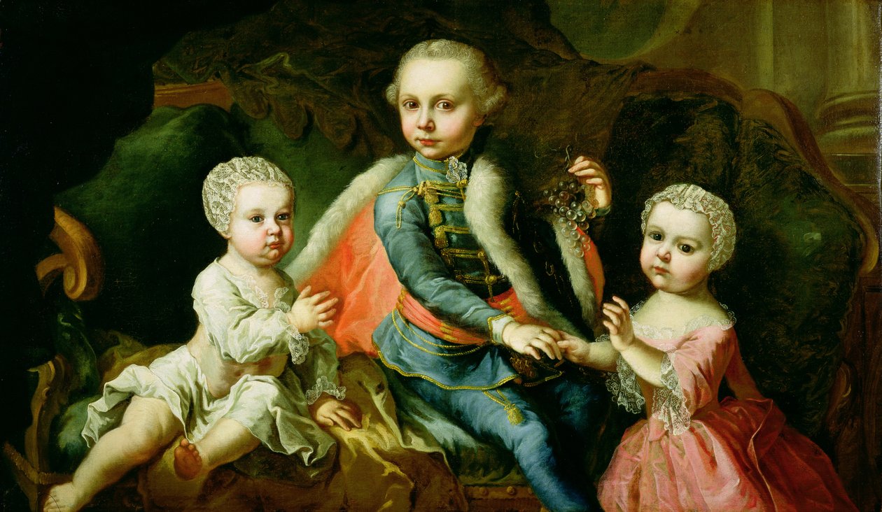 Tre barn sitter på en sofa, sies å være medlemmer av Esterhazy-familien, 1771 (olje på uforet lerret) av Johann Georg Weikert