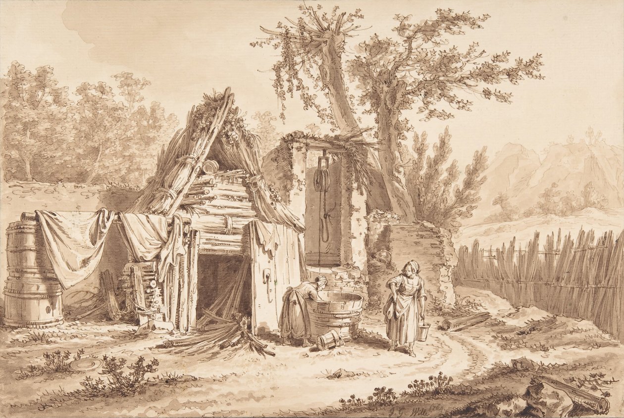 Vaskekvinner foran en hytte, 1769. av Johann Georg Wille