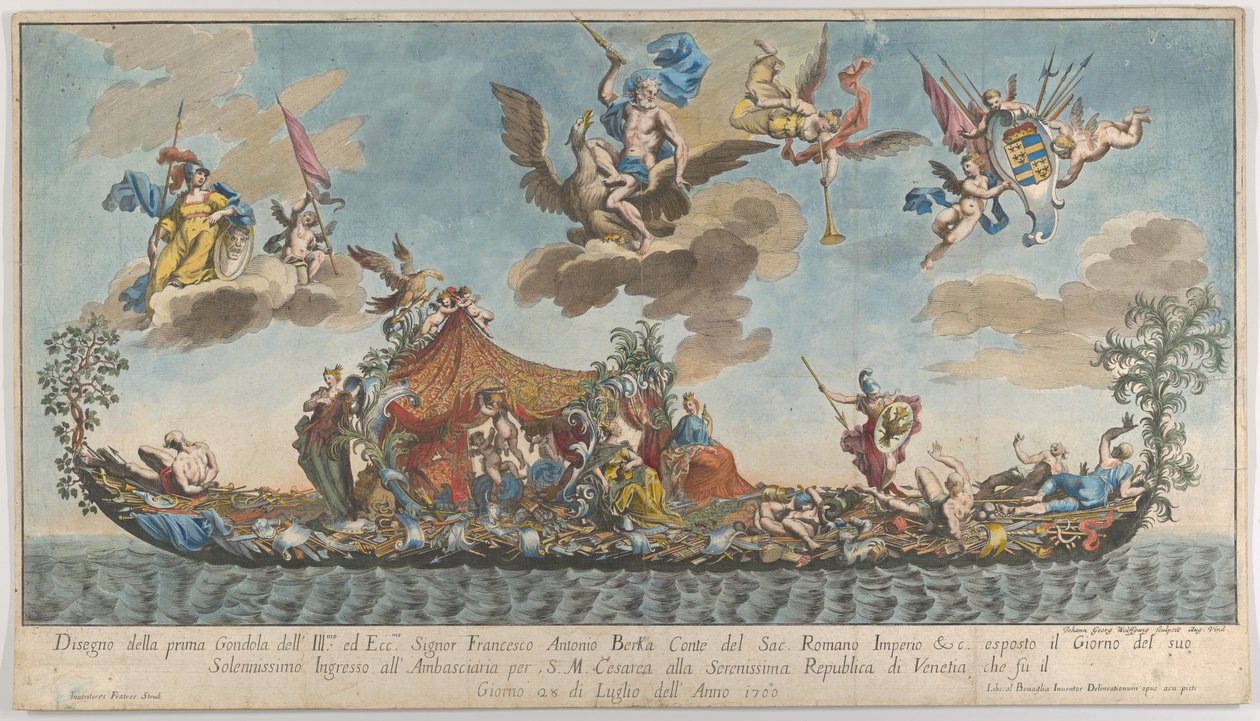 Den svært utsmykkede første gondolen til Francesco Antonio Berka som kommer inn i Venezia, Gods on cl..., 1700. av Johann Georg Wolfgang
