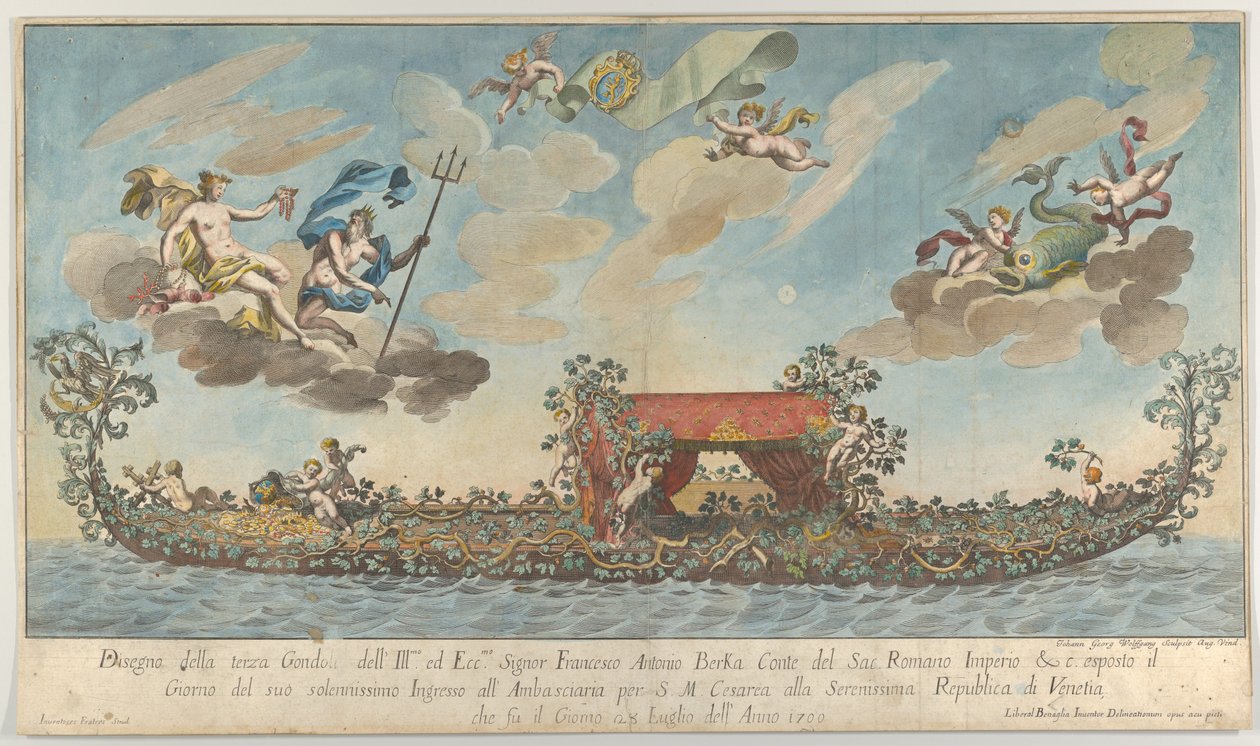 Den svært utsmykkede tredje gondolen til Francesco Antonio Berka på vei inn i Venezia, Gods on cl..., 1700. av Johann Georg Wolfgang