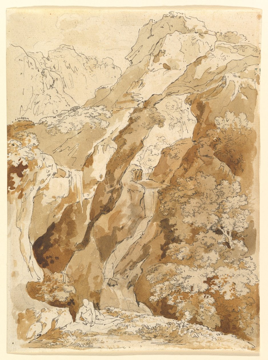 Liggende mann i et fjellandskap med fosser av Johann Georg von Dillis