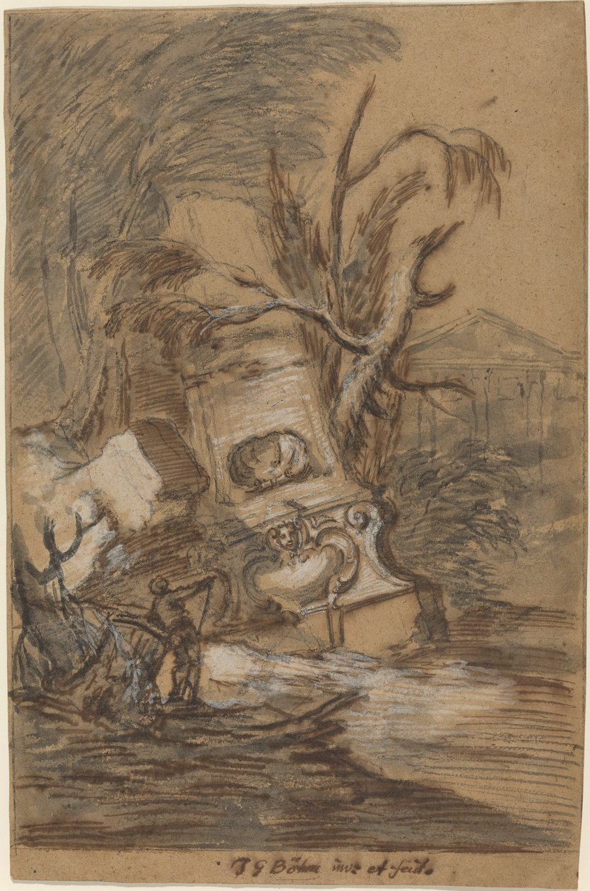 Capriccio med antikke ruiner av Johann George Böhm