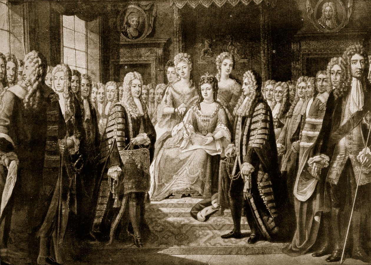 Unionsartikler blir presentert for dronning Anne, 1706, illustrasjon fra 