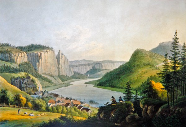 Utsikt over Wehlen på Elben nær Konigstein i Sachsen, gravert av Johann-Friedrich Wizani (1770-1835) (fargegravering) av Johann Gottfried (after) Jentsch
