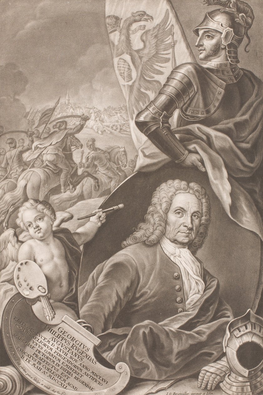 Byste av maleren Georg Philipp Rugendas med en kampscene i bakgrunnen av Johann Gottfried Haid