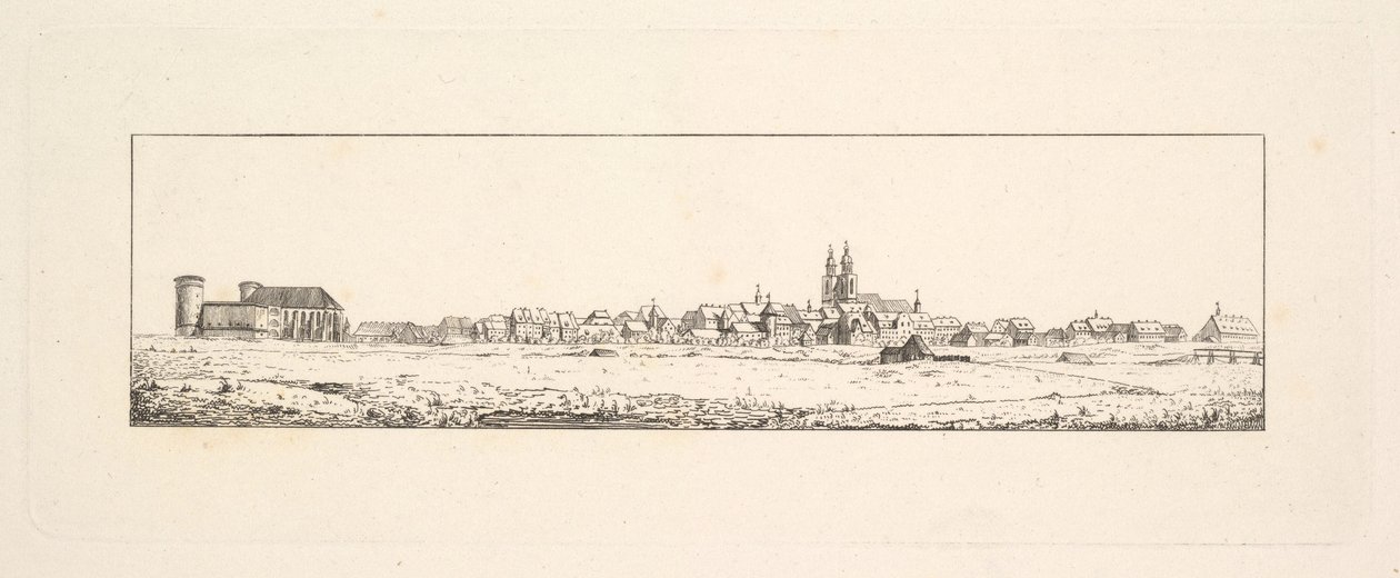 Utsikt over en gammel by med en kirke og høye gavlhus.nd av Johann Gottfried Schadow