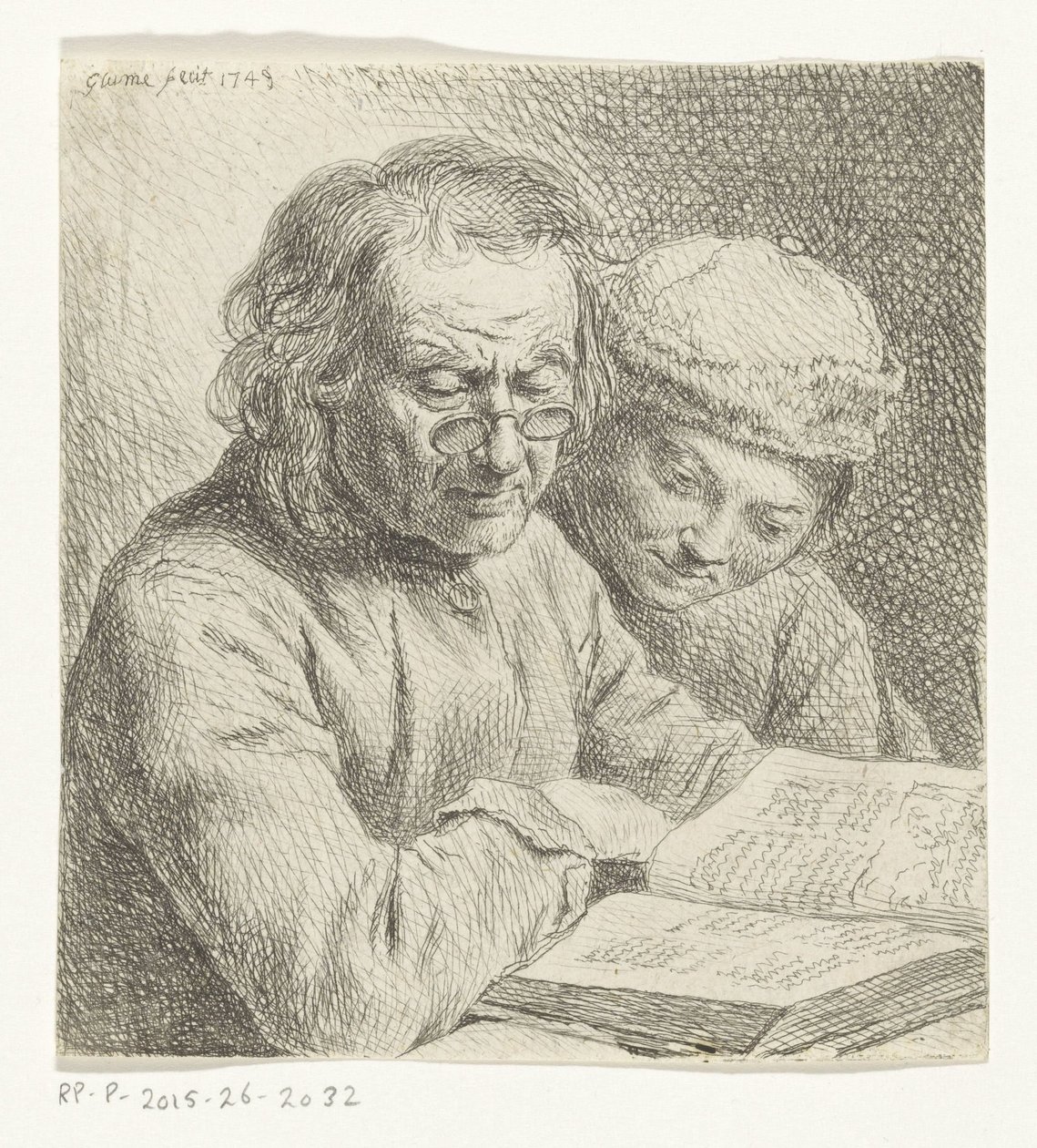 Mann og gutt leser i en bok av Johann Gottlieb Glume