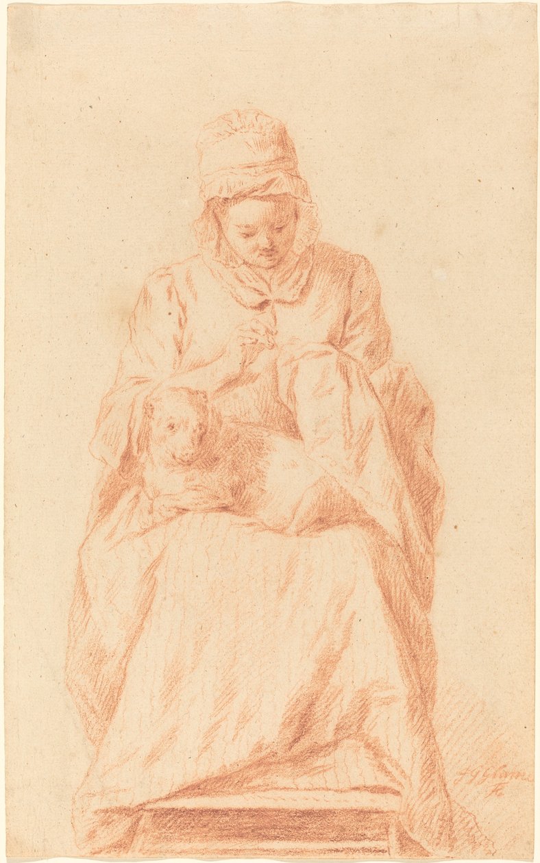 Ung kvinne syr med en hund hvilende på fanget hennes av Johann Gottlieb Glume
