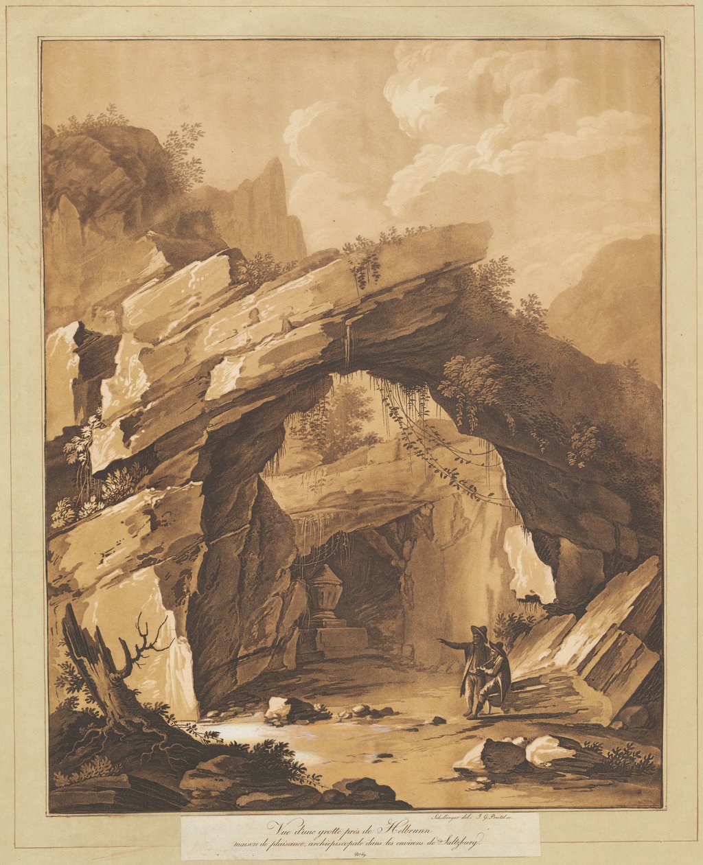 Utsikt over grotten ved Heilbrunn, nær Salzburg av Johann Gottlieb Prestel, after Schellinger