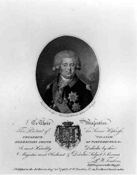Portrett av Frederick William III (1770-1840), arvelig prins av Wirtemburg, gravert av Peltro William Tomkins (ca. 1759-1840), utgitt av P.W.Tomkins, 20. august 1796 av Johann Gottlieb after Schweppe