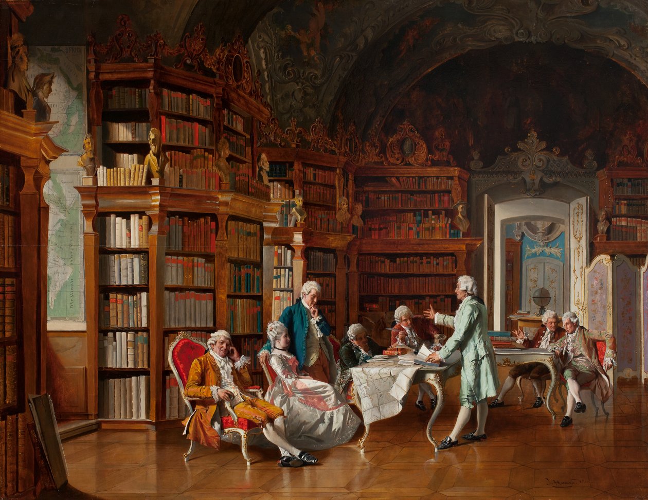 Bibliotekscene, sent på 1800-tallet (olje på panel) av Johann Hamza