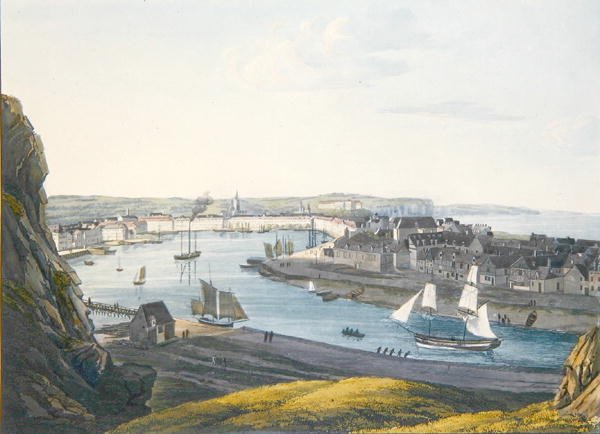 Utsikt over Dieppe, tidlig på 1800-tallet (fargegravering) av Johann Heinrich (after) Luttringshausen