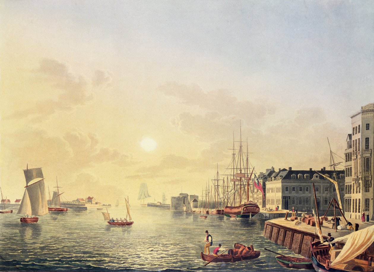 Utsikt over havnen og havnen i Le Havre, tidlig på 1800-tallet (fargegravering) av Johann Heinrich (after) Luttringshausen