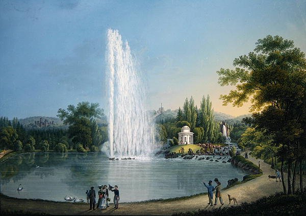 Den store fontenen, ca. 1820 (farge litho) av Johann Heinrich Bleuler