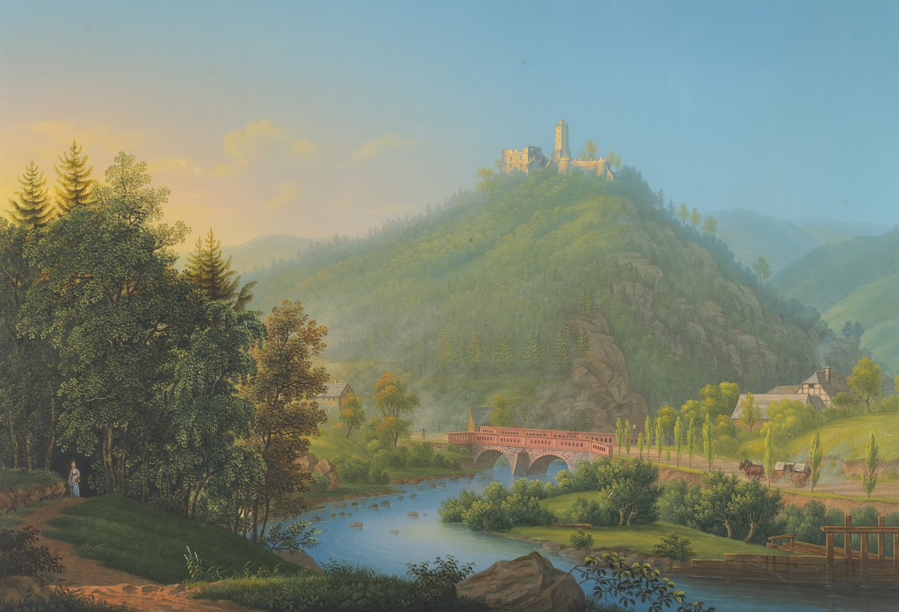 Utsikt over Kynsburg over Weistritz-elvedalen i Schlesien, sent på 1700- og 1800-tallet. av Johann Heinrich Bleuler