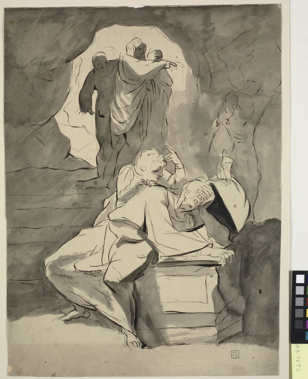 En mann i fortvilelse over en gravstein i en hule med andre skikkelser av Johann Heinrich Füssli