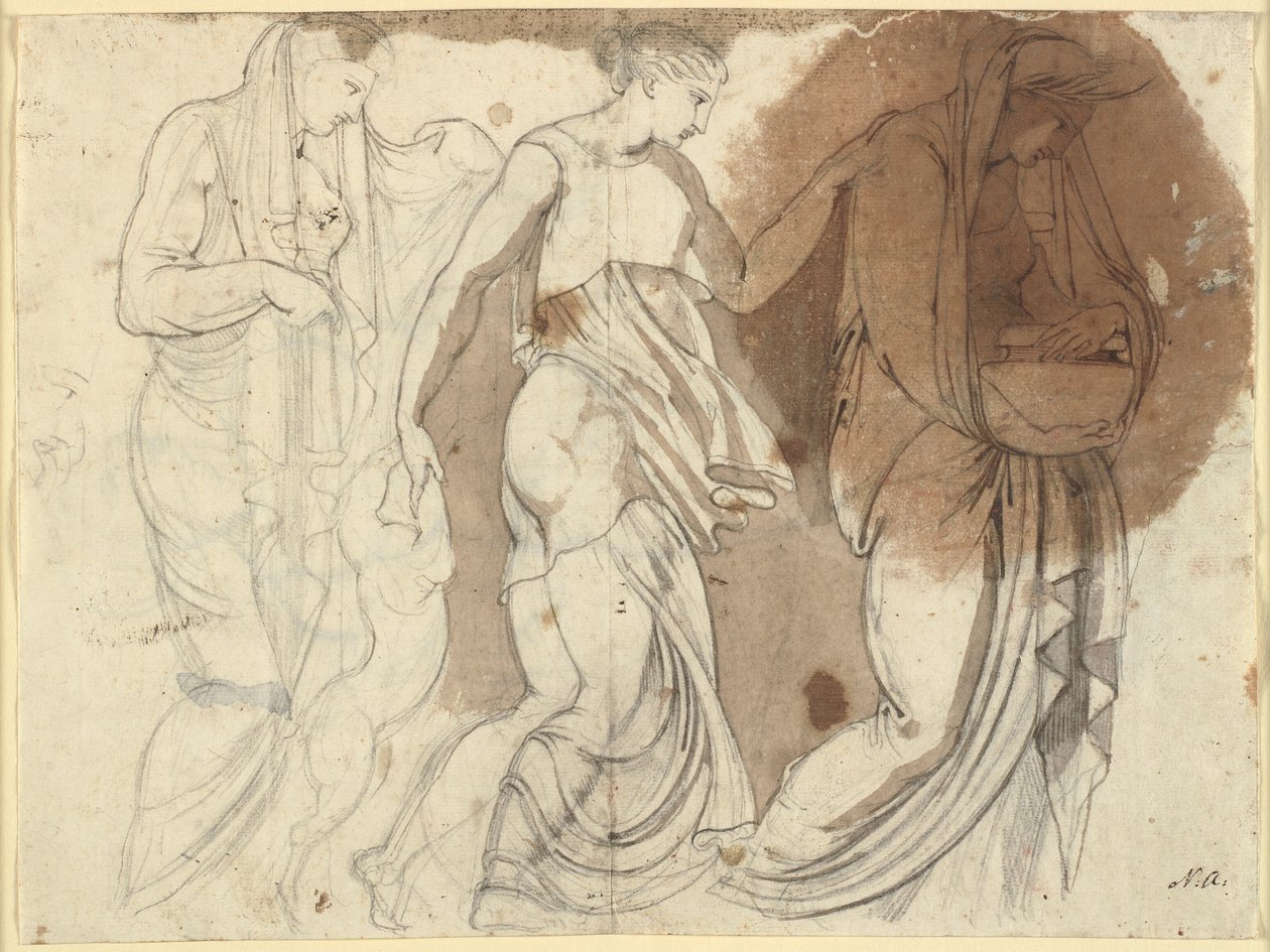 Tre kvinneskikkelser, arrangert i relieff. Tre Horae? (B.S.) av Johann Heinrich Füssli