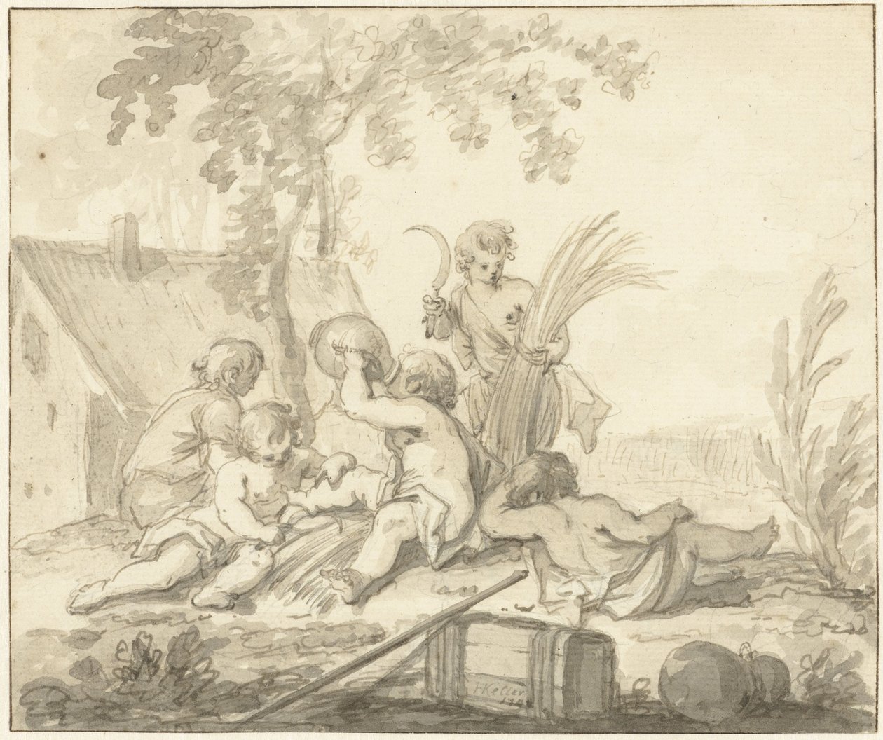 Allegorisk representasjon med barn og attributter til jordbruk av Johann Heinrich Keller (II)