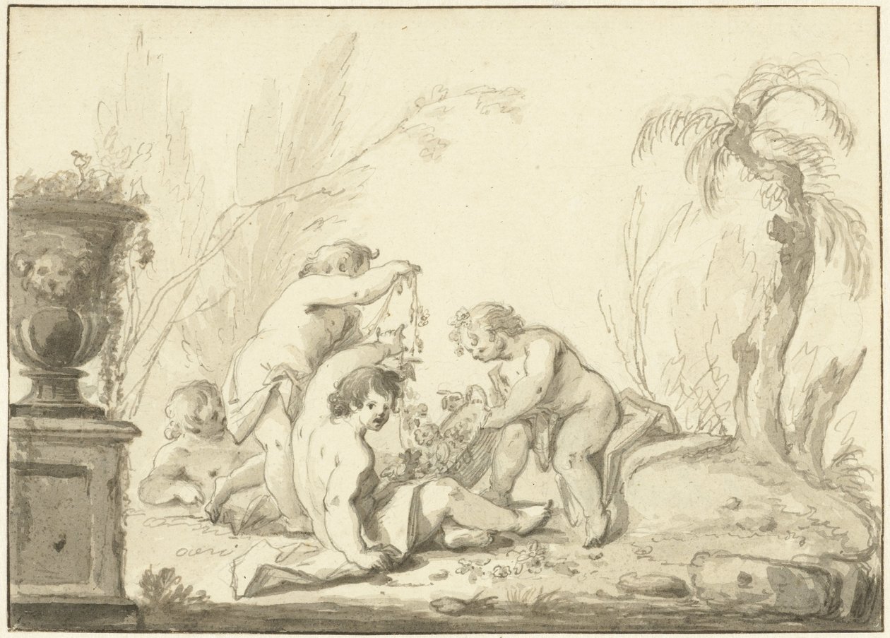 Allegorisk representasjon av barn med en kurv med blomster av Johann Heinrich Keller (II)