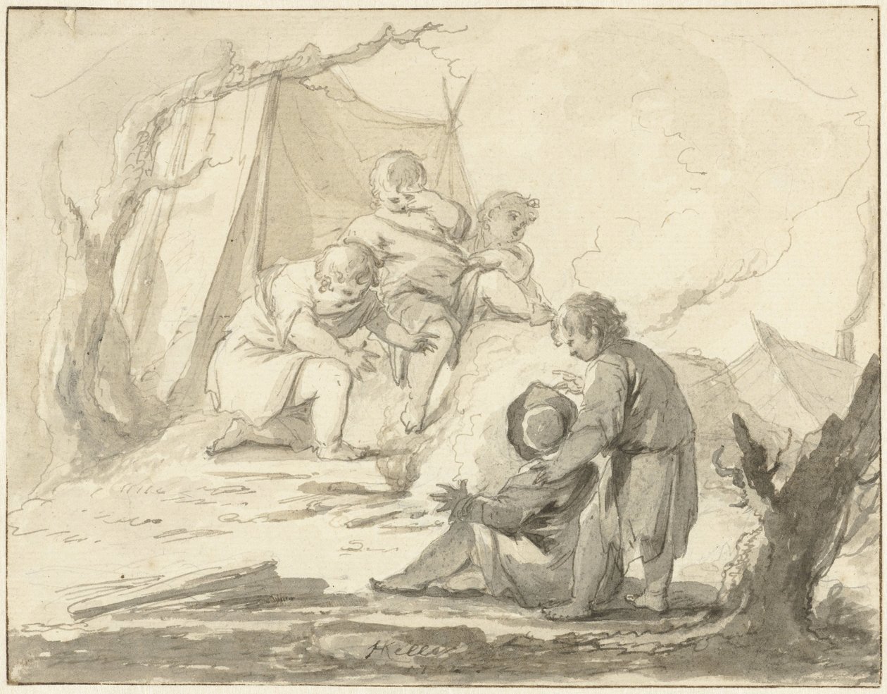 Allegorisk fremstilling med barn rundt et bål av Johann Heinrich Keller (II)