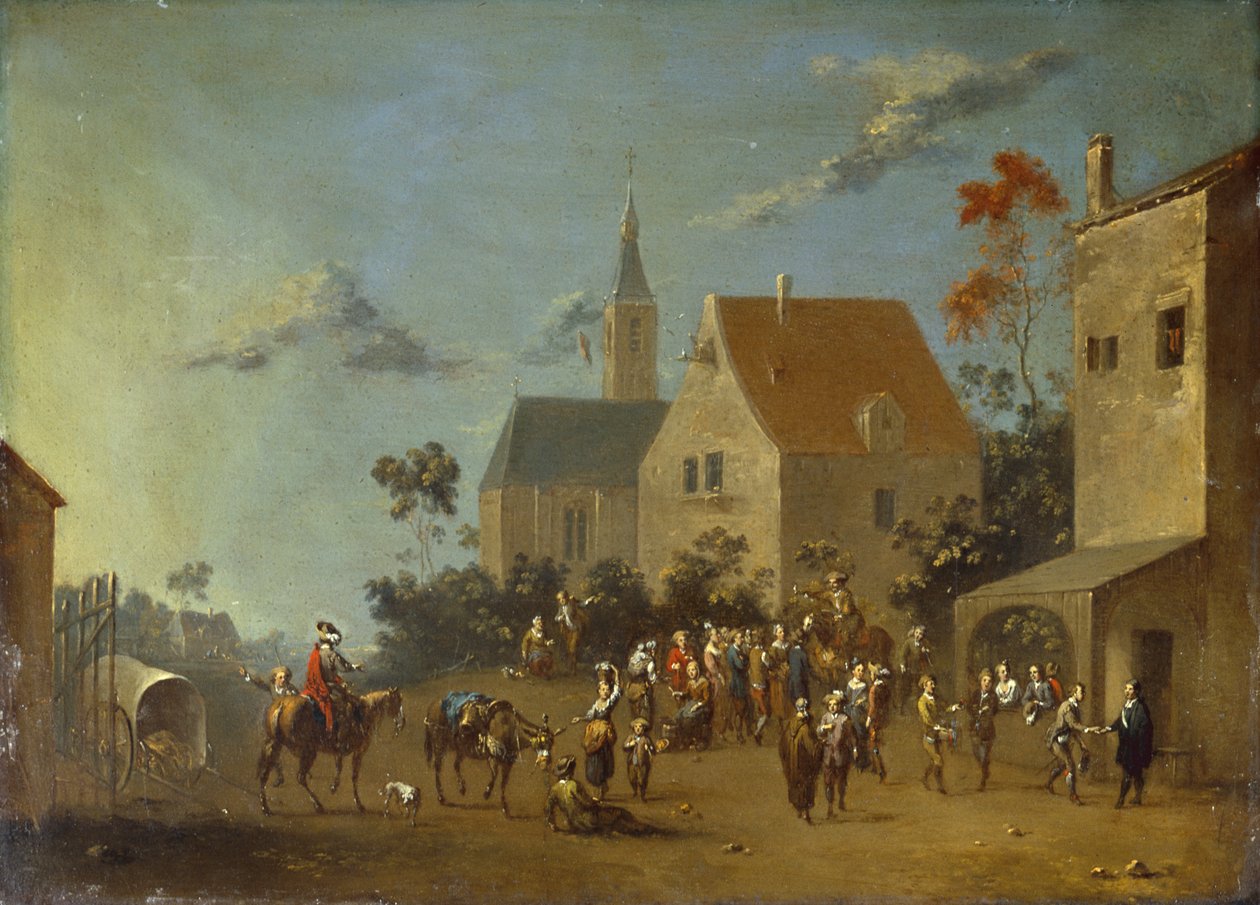 Bønder som samles i en landsby (olje på metall) av Johann Heinrich Keller