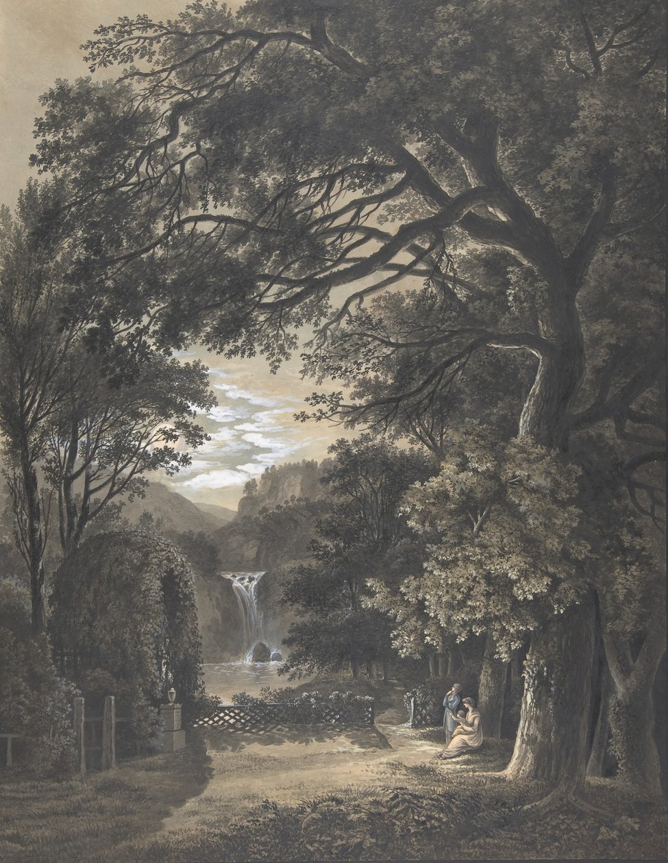 Familie samlet foran et monument i et landskap med en foss, 1805. av Johann Heinrich Meyer