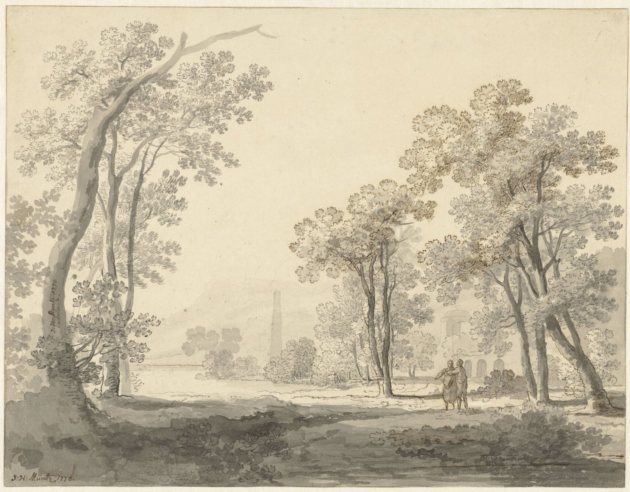 Landskap med to figurer til høyre av Johann Heinrich Muntz