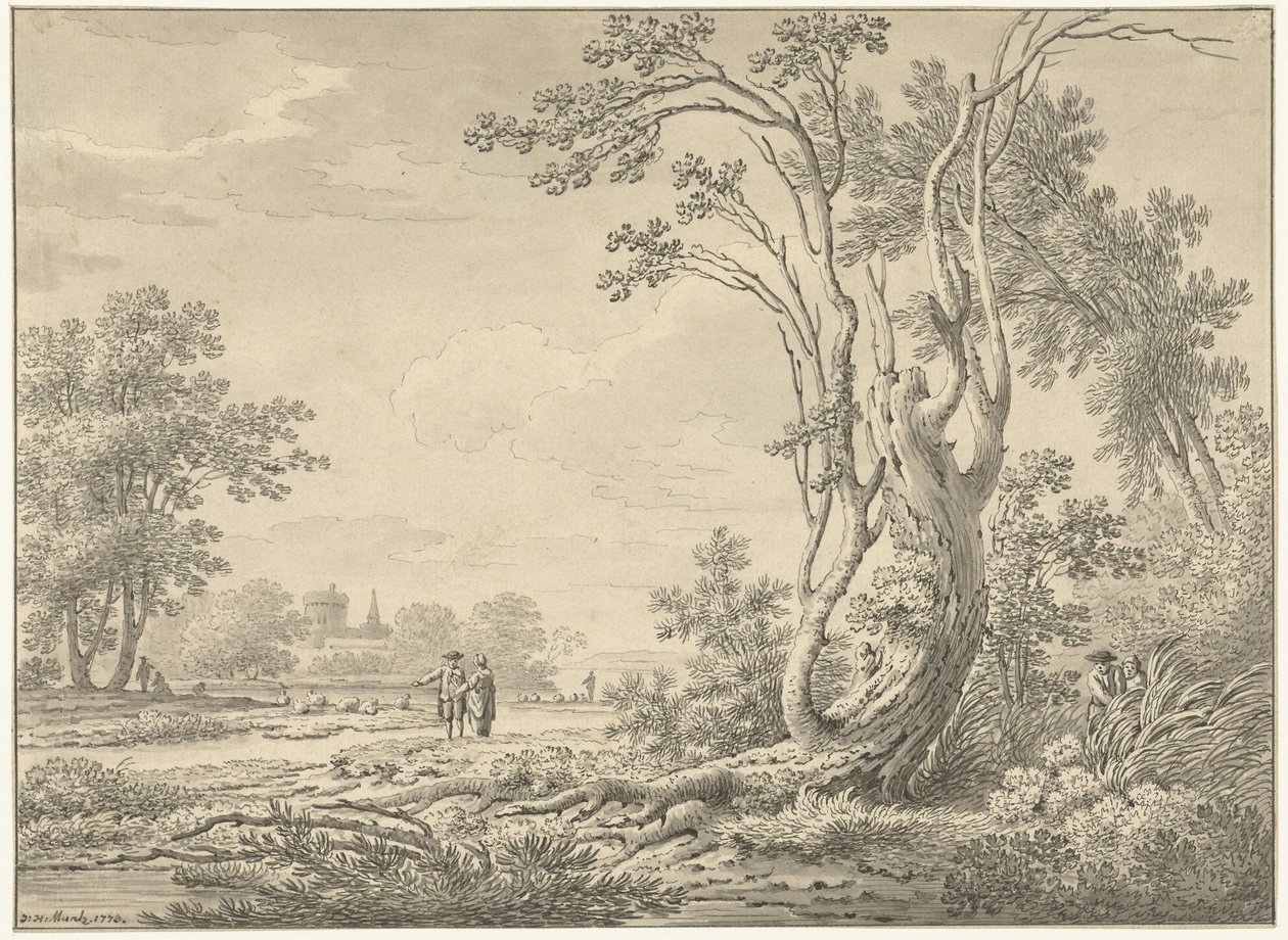 Sørlandskap med slott, storfe og turgåere av Johann Heinrich Muntz