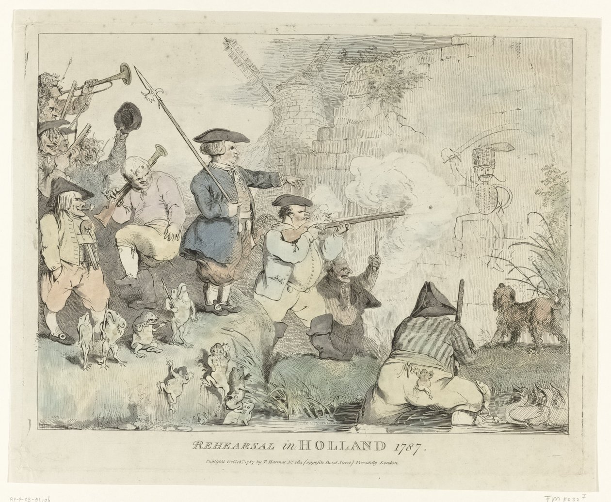 Øvelsen Repetisjon i Holland 1787 (tittel på objekt) Fire engelske tegneserier om patriotene i 1787 (serietittel) av Johann Heinrich Ramberg