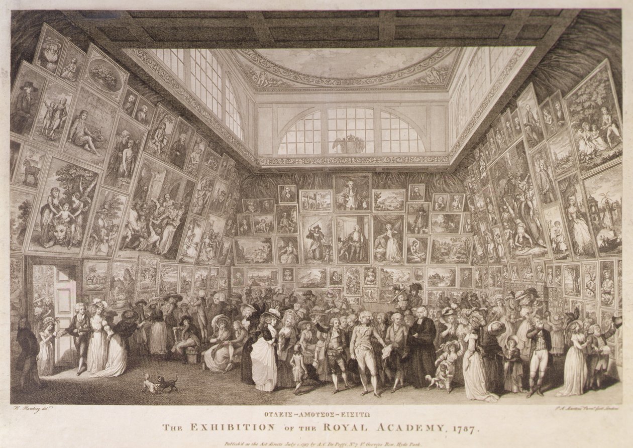 Interiørvisning av Somerset House som viser en utstilling av Royal Academy of Arts i 1787 av Johann Heinrich Ramberg