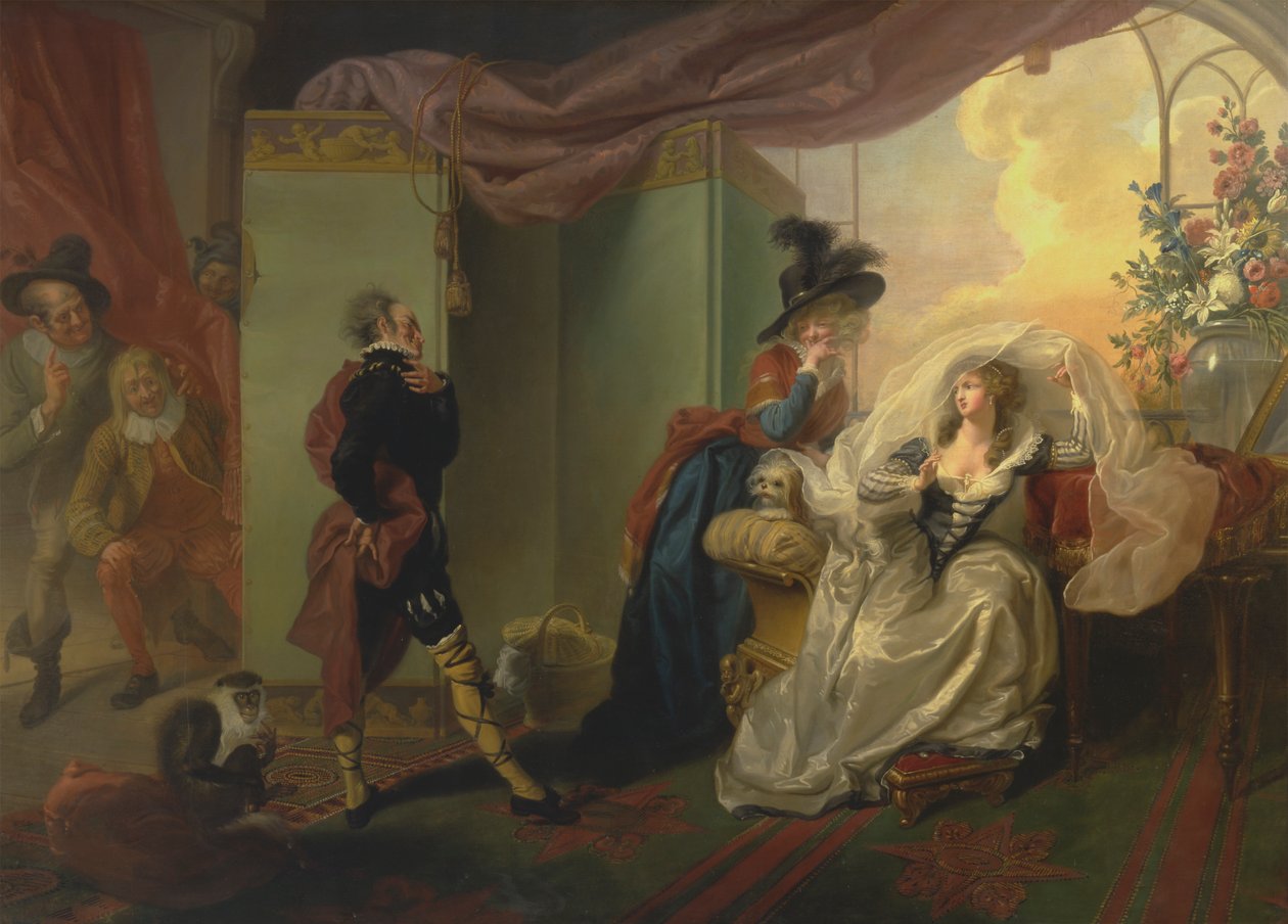 Olivia, Maria og Malvolio fra "Twelfth Night," Act III, Scene iv av Johann Heinrich Ramberg