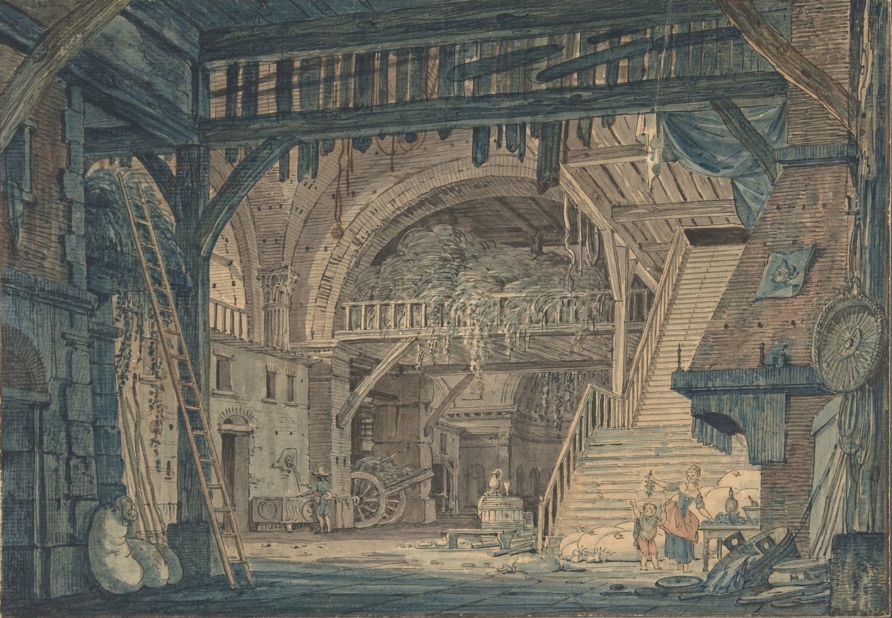Scenedesign av en gammel romersk ruin som ble omgjort til en låve, sent på 1700- og midten av 1800-tallet. av Johann Heinrich Ramberg