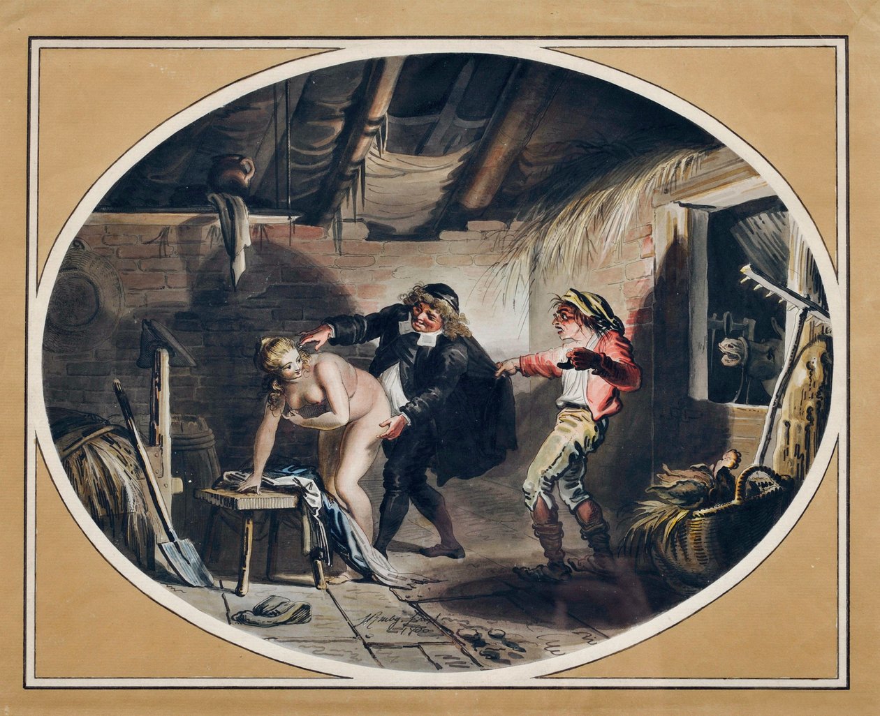 Hoppa til Compere Pierre. (gravering og akvarell av Johann Heinrich Ramberg