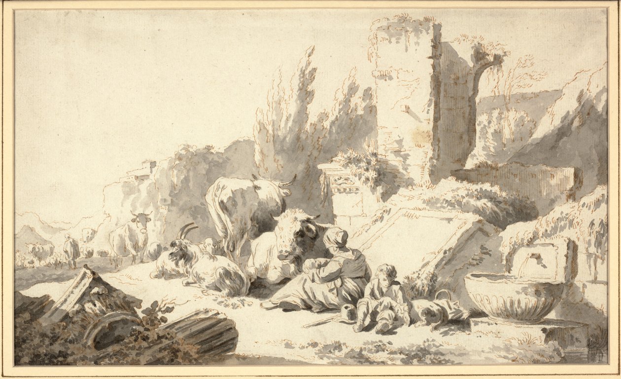 En fører med familien og storfe ved siden av klassiske ruiner av Johann Heinrich Roos