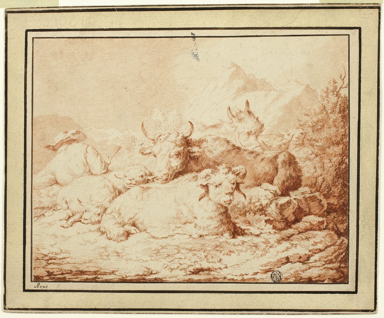 Storfe og sauer med gjeter i steinete landskap av Johann Heinrich Roos