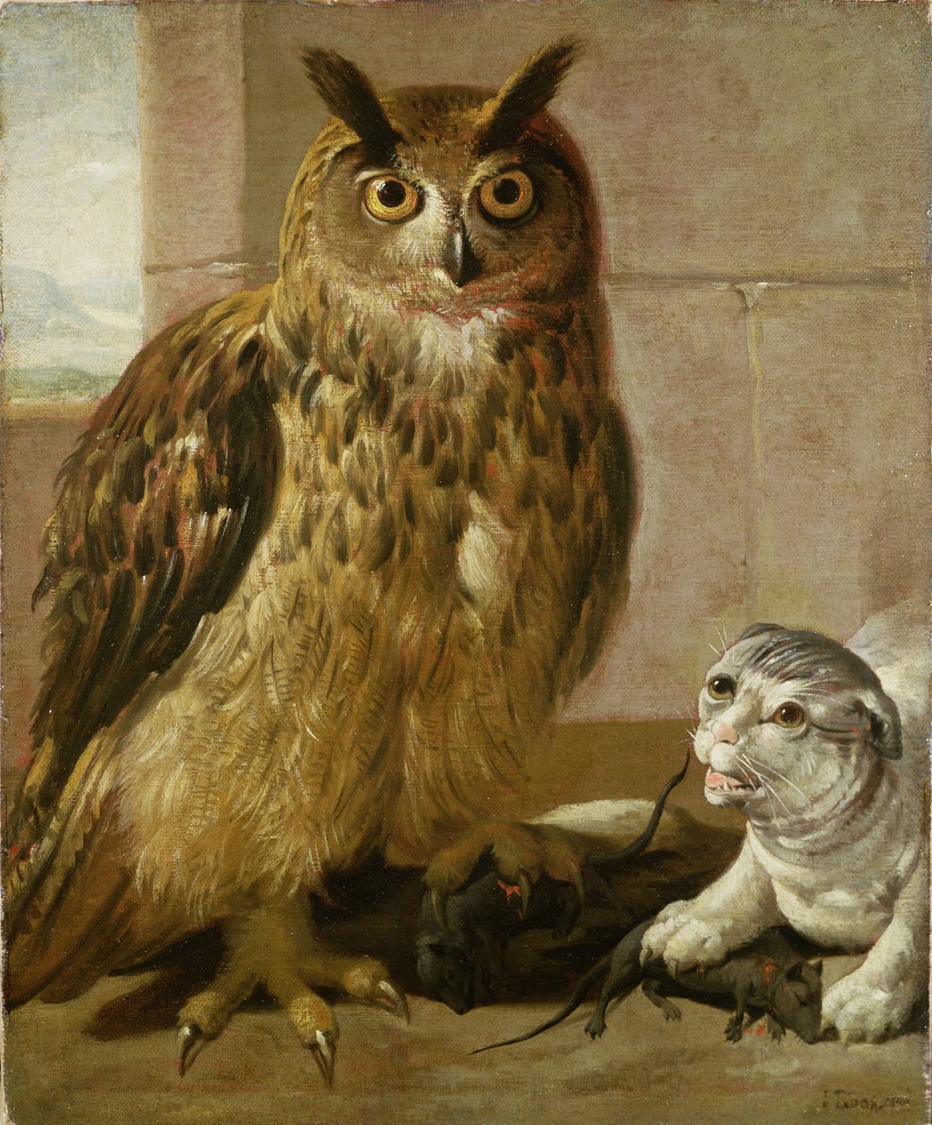 Ørneugle og katt med døde rotter av Johann Heinrich Roos