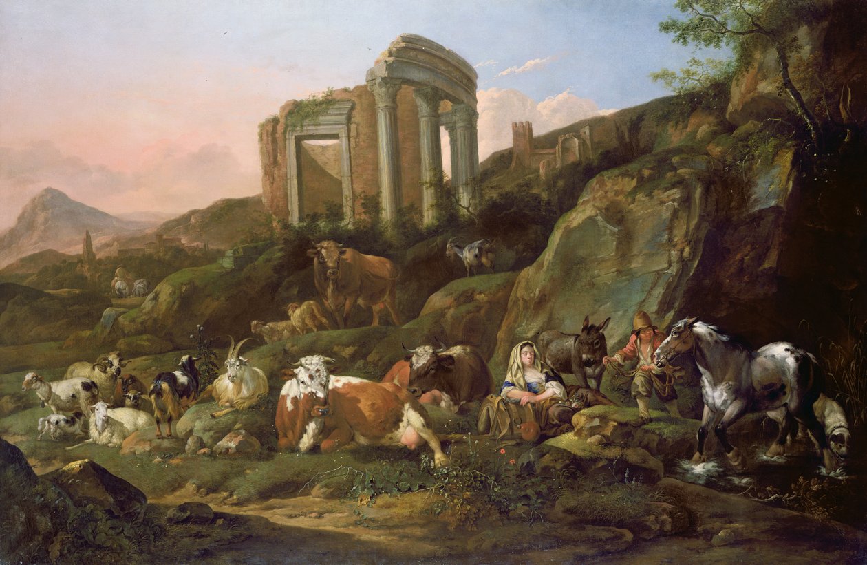 Gårdsdyr i et klassisk landskap, 1684 av Johann Heinrich Roos