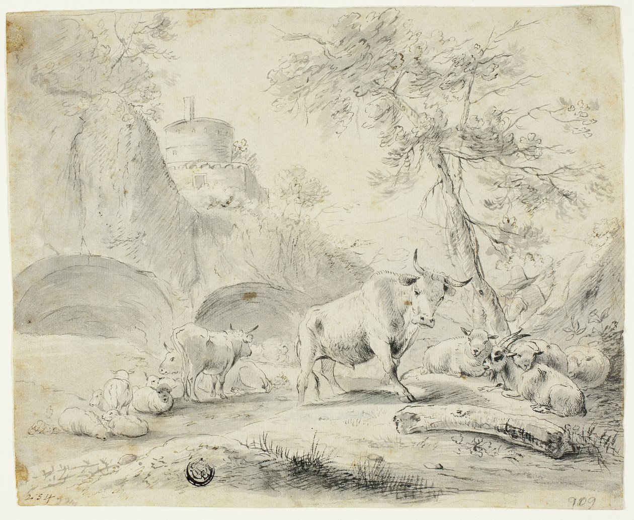 Landskap med gjeter og sau, geit, storfe av Johann Heinrich Roos