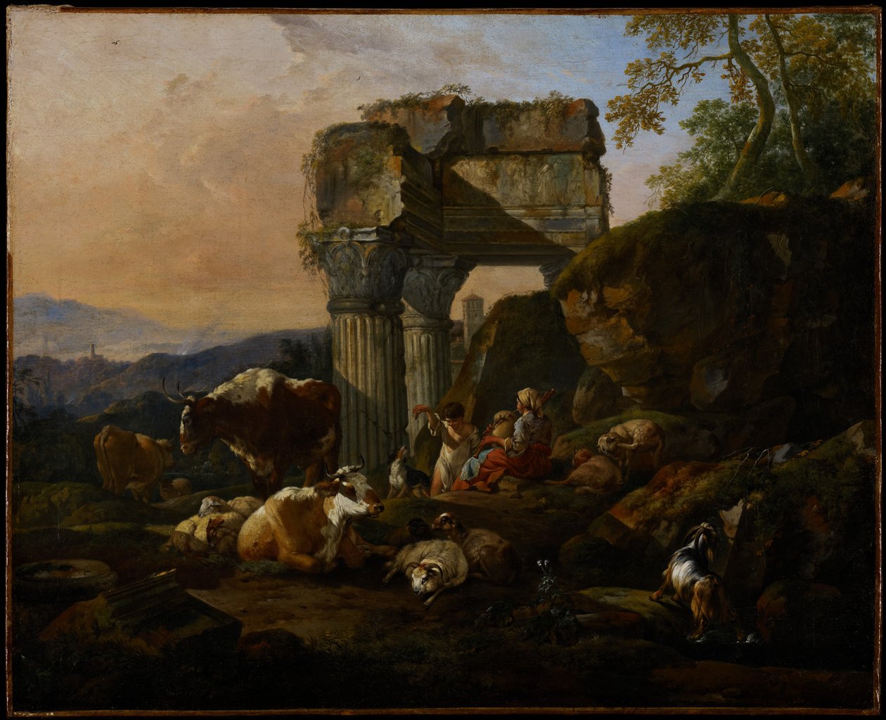 Romersk landskap med storfe og gjetere, 1676 av Johann Heinrich Roos