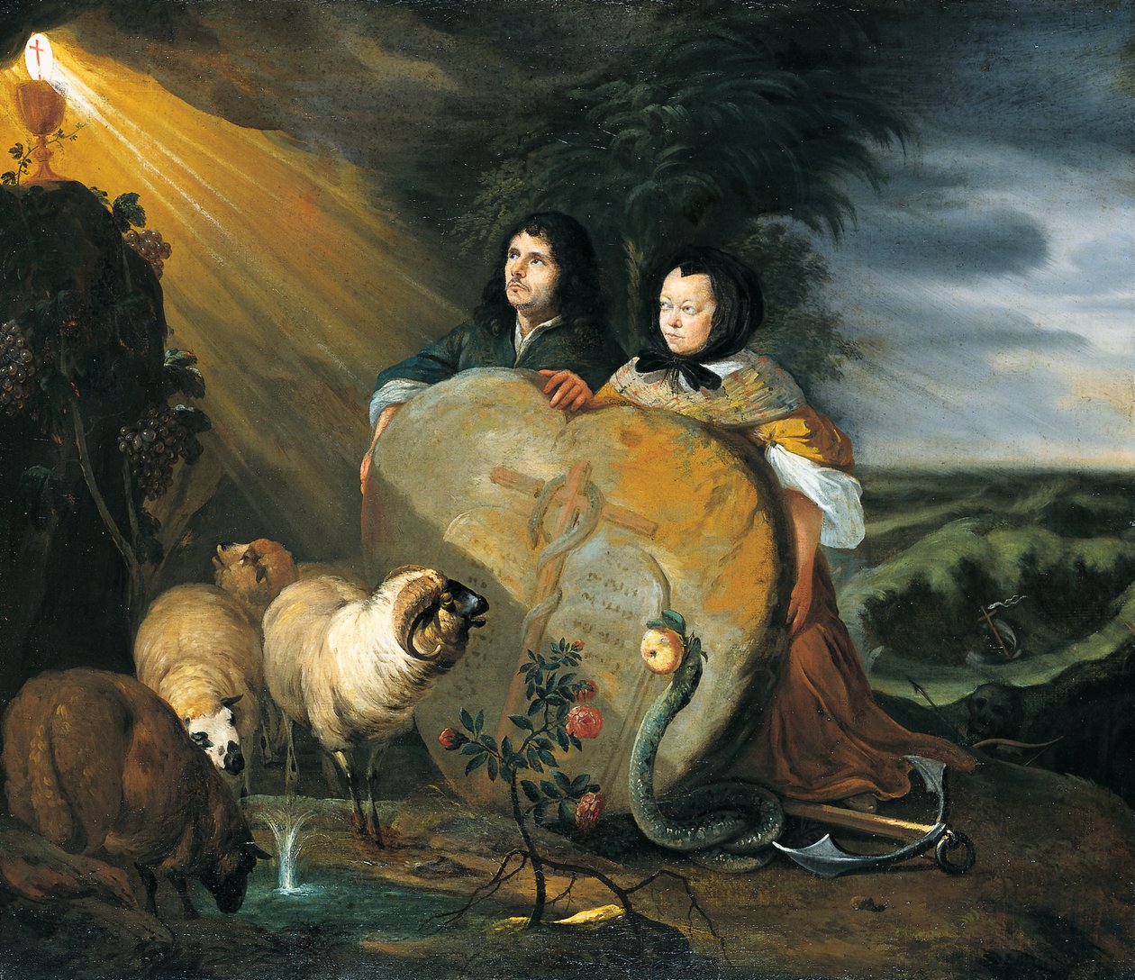 Selvportrett (?) med sin kone og symboler på den kristne tro av Johann Heinrich Roos